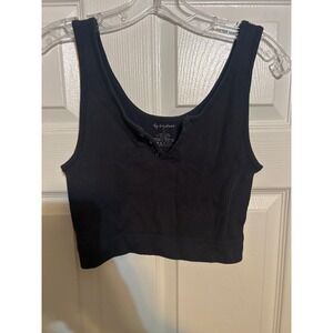 By Together Black Ribbed Henley Crop Top Tank Small Medium L6110 Scoop Back